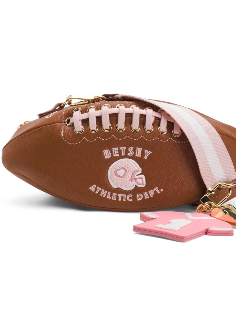 🤎▪️Betsey Johnson ▪️brown/pink toss 2 Football Crossbody Bag Striped Strap
